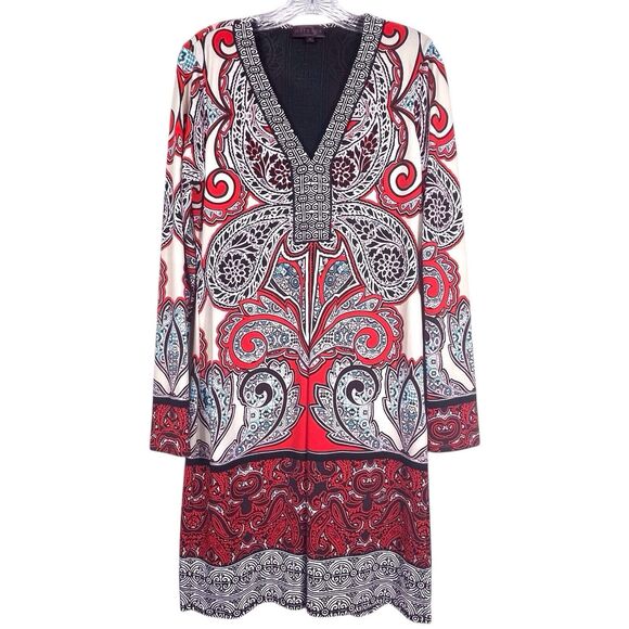 HALE BOB Paisley Jersey Shift Dress Size Medium Bohemian Long Sleeve V Neck Red - Picture 2 of 16